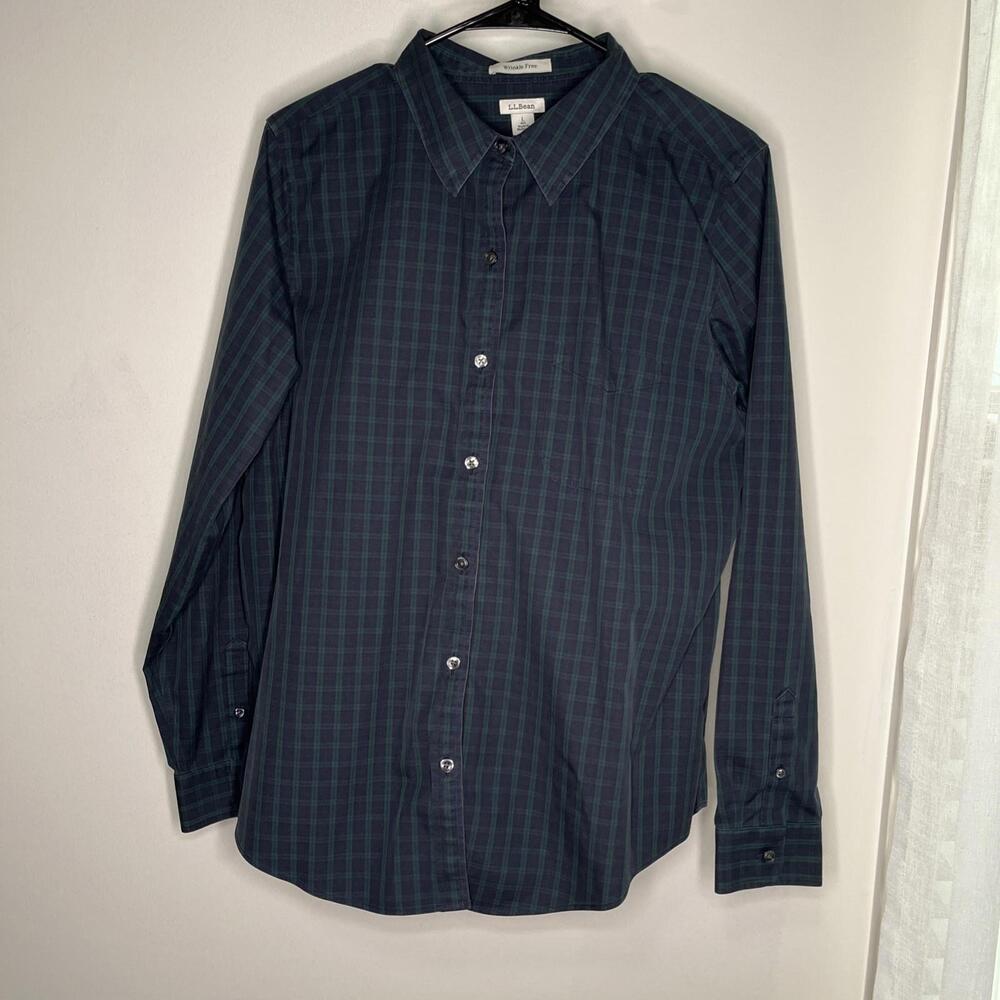 LL Bean Blue Green Plaid Ladies Button Down Shirt Wrinkle Free Size Large